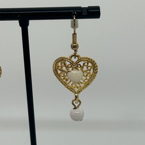 Vintage Gold-Tone Heart Drop Earrings With White Accents & Filigree Design - Picture 14 of 16